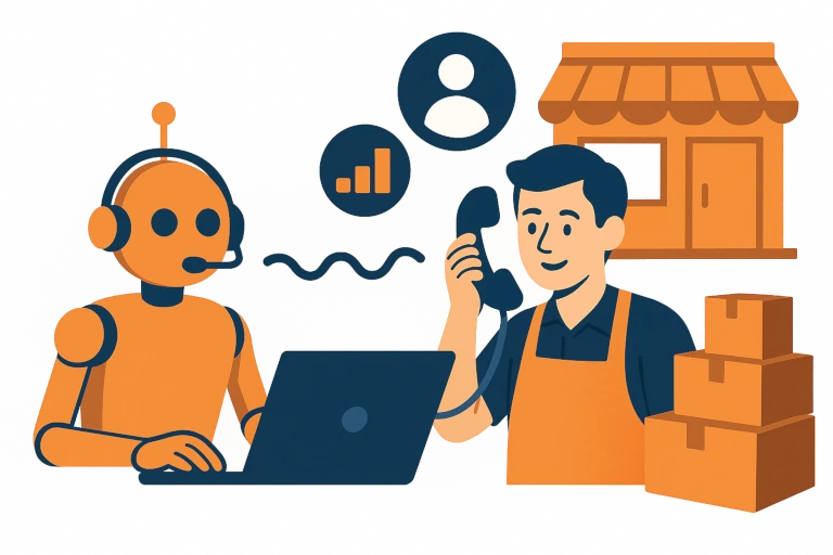Image illustrated AI calling agents placing automated calls to retail stores